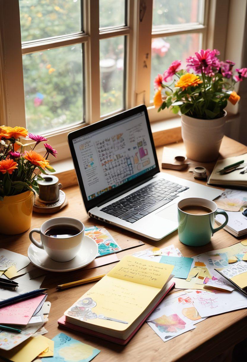 A whimsical desk setup featuring an open laptop with colorful post-it notes and sketches scattered around, symbolizing creativity. A steaming cup of coffee beside a journal filled with doodles and inspirational quotes. Sunlight streaming through a window, illuminating vibrant flowers and art supplies. The scene evokes a sense of freedom and inspiration for personal blogging. super-realistic. bright colors. cozy atmosphere.