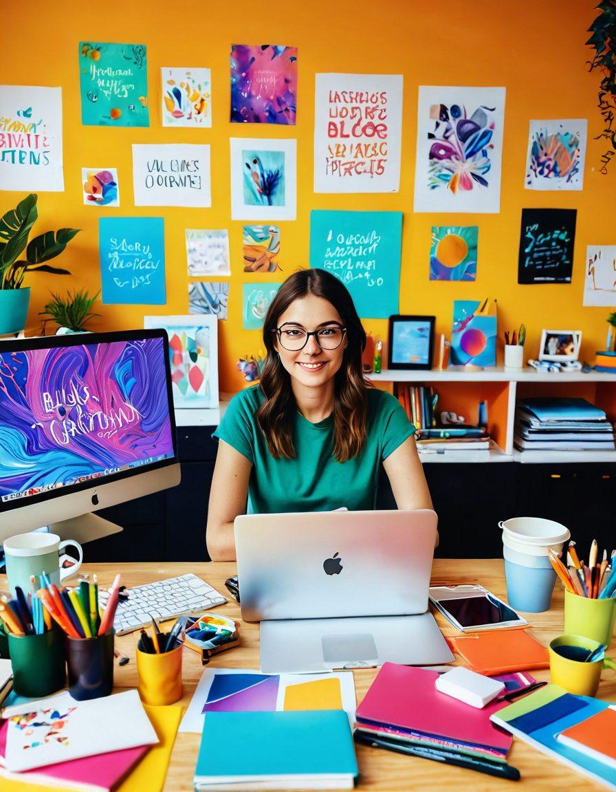 A vibrant and dynamic illustration of a creative individual at a colorful workspace, surrounded by a variety of art supplies, a laptop displaying a blog interface, and inspirational quotes on the walls. The scene should depict an uplifting atmosphere with natural light streaming in, symbolizing creativity and passion flowing into the digital space of blogging. super-realistic. vibrant colors. soft focus.