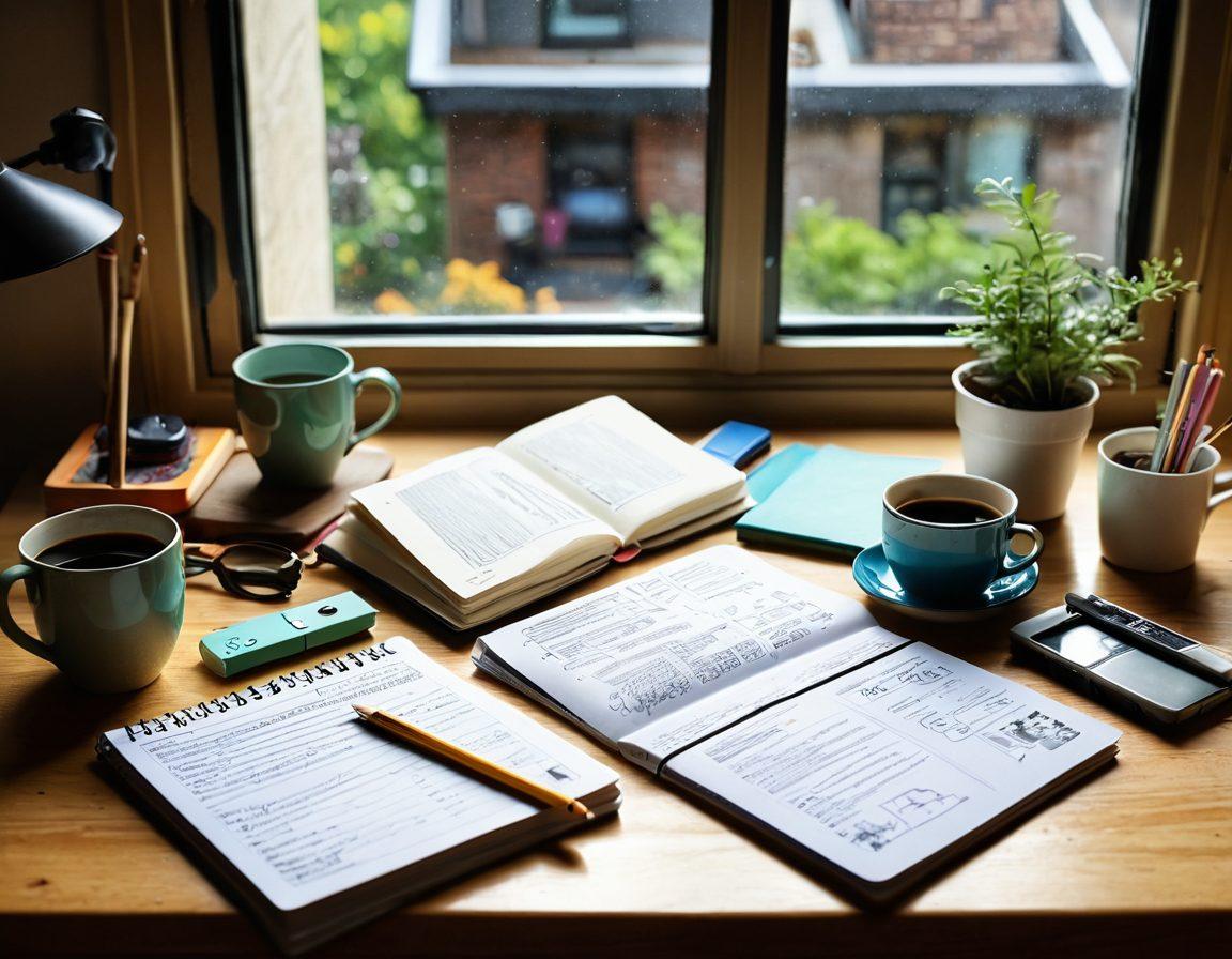 An inviting workspace filled with colorful crafting supplies, notebooks with sketches of blog ideas, a laptop displaying a blog page, and a steaming cup of coffee. Soft natural light pouring in from a window, adding warmth to the scene. Elements symbolizing various interests such as travel, food, and literature scattered around. super-realistic. vibrant colors. warm ambiance.